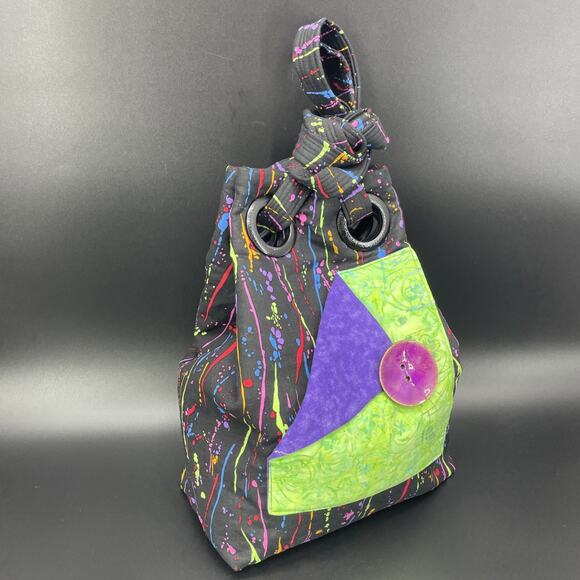 Hand Crafted Bucket Tote Bag Black w/Neon Paint Splatter Soft Fabric Artsy Boho - Picture 2 of 9